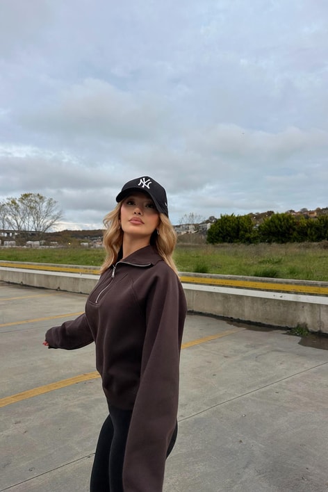 Fermuarlı Zip Detay Crop Sweatshirt Kahve