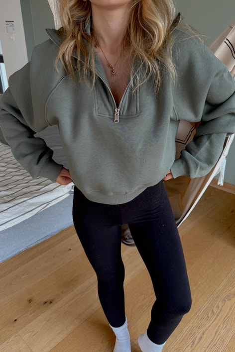 Fermuarlı Zip Detay Crop Sweatshirt Haki