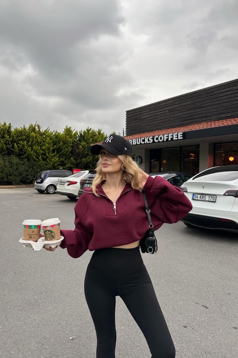 Fermuarlı Zip Detay Crop Sweatshirt Bordo