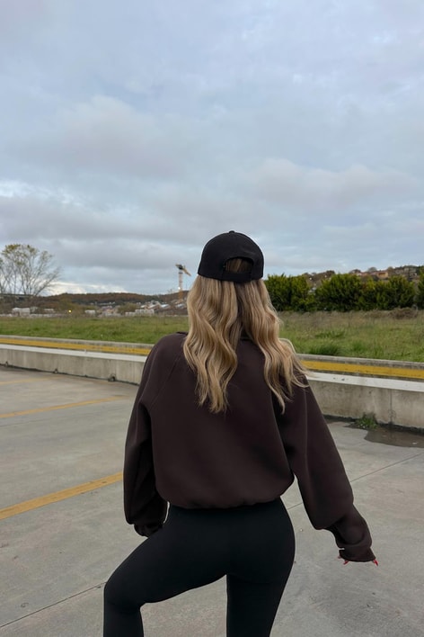 Fermuarlı Zip Detay Crop Sweatshirt Kahve