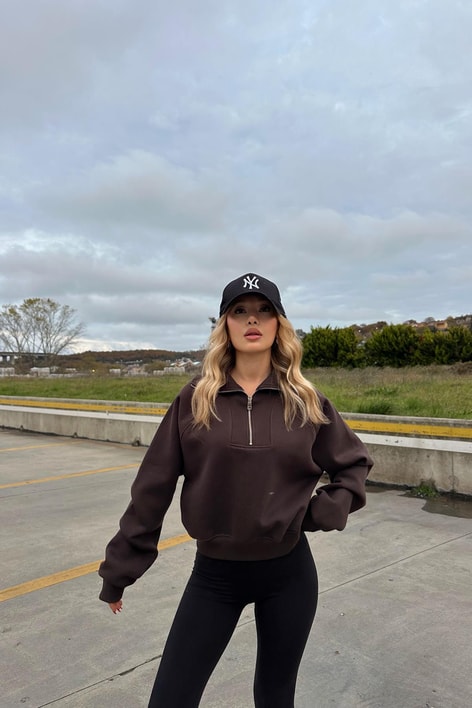 Fermuarlı Zip Detay Crop Sweatshirt Kahve