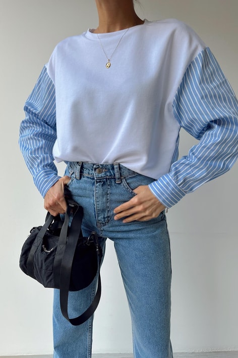 Gömlek Detaylı Sweatshirt Beyaz