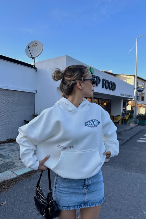 Grafik Baskılı Oversize Sweatshirt Ekru