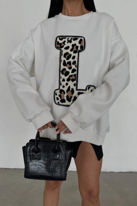Harf Leopar Nakışlı Sweat Beyaz