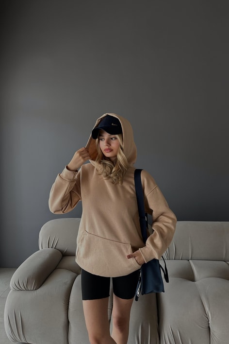 Kanguru Cepli Kapüşonlu Sweatshirt Bej