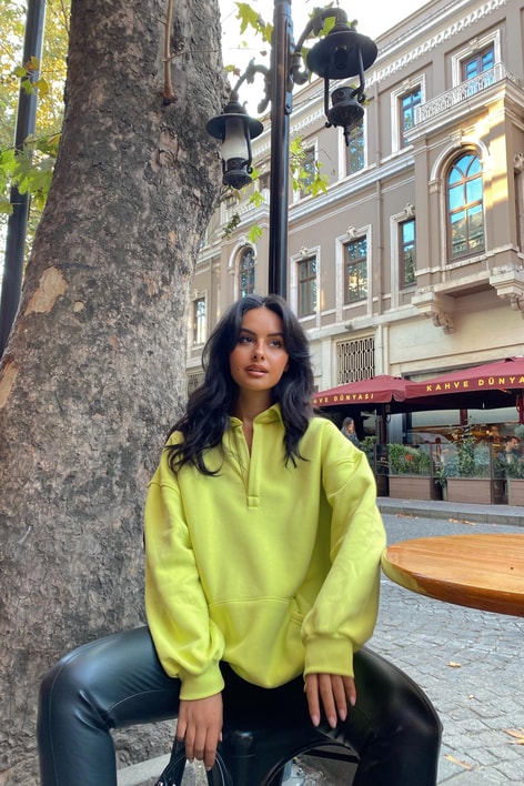 Kanguru Cepli Polo Yaka Sweat Neon Yeşil