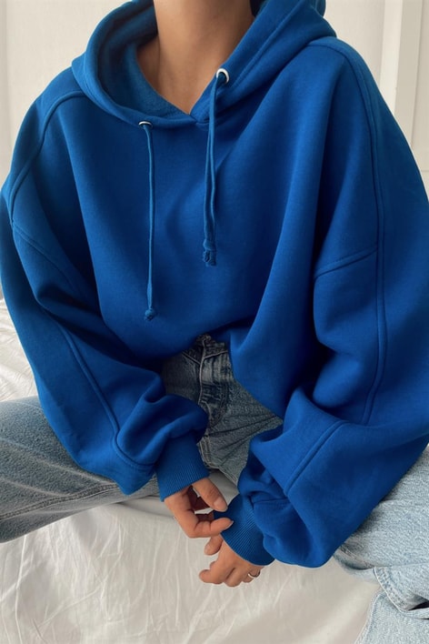 Kapüşonlu Basic Oversize Sweatshirt Saks Mavisi