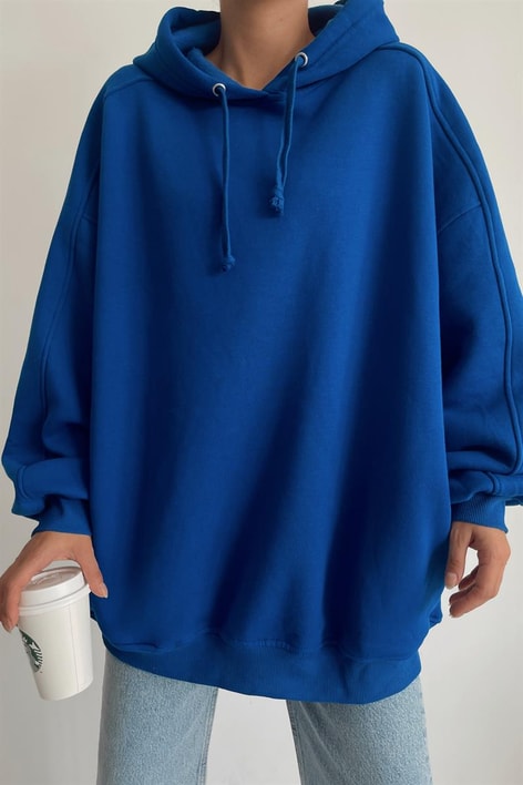 Kapüşonlu Basic Oversize Sweatshirt Saks Mavisi