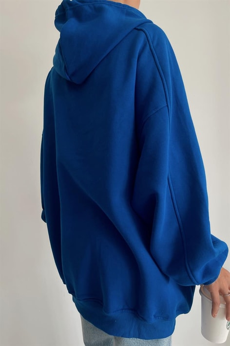 Kapüşonlu Basic Oversize Sweatshirt Saks Mavisi