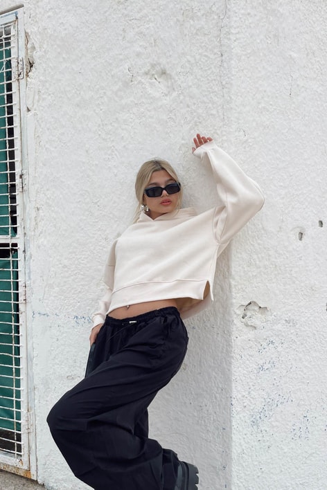 Kapüşonlu Crop Sweatshirt Taş