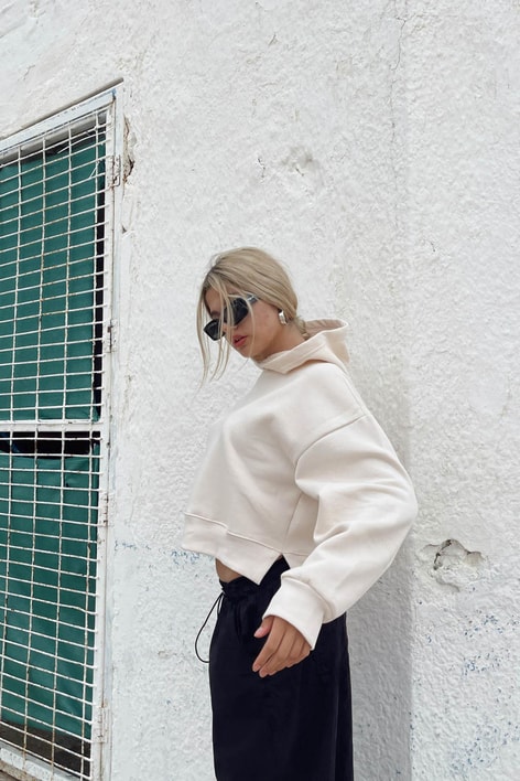 Kapüşonlu Crop Sweatshirt Taş