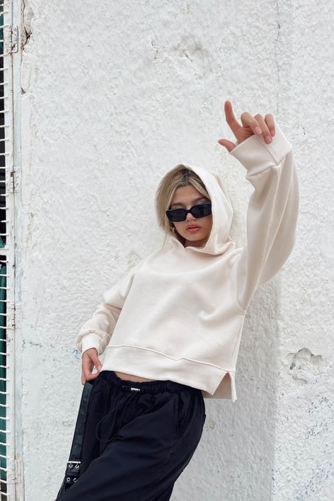 Kapüşonlu Crop Sweatshirt Taş