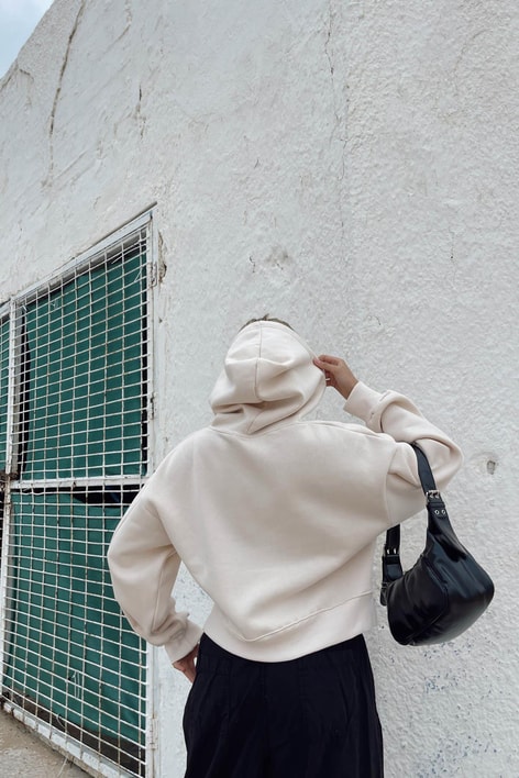 Kapüşonlu Crop Sweatshirt Taş
