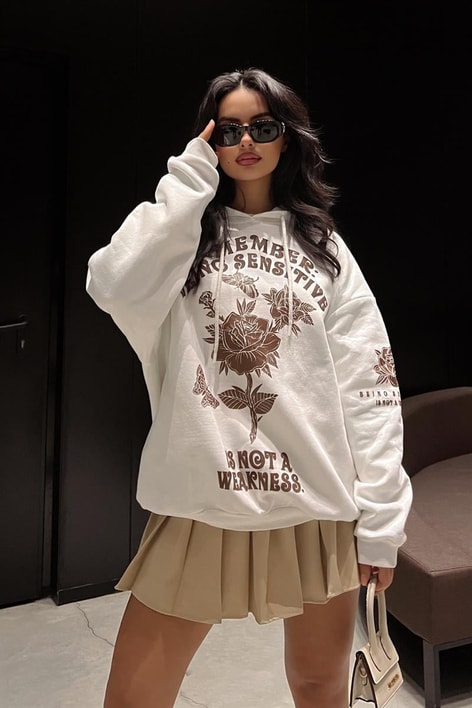 Kapüşonlu Rose Sweatshirt Ekru