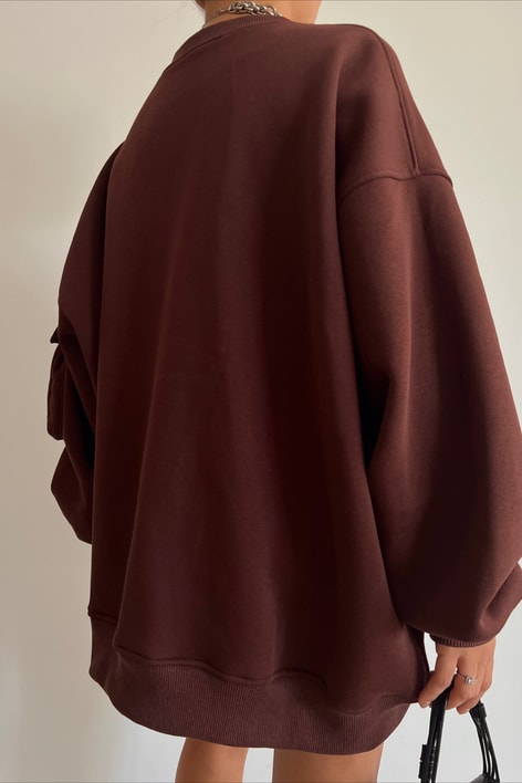 Kolu Cep Detaylı Oversize Sweatshirt Acı Kahve