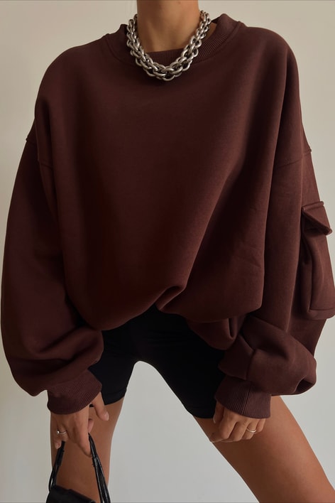 Kolu Cep Detaylı Oversize Sweatshirt Acı Kahve