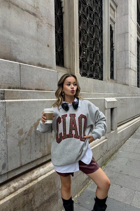 Leopar Detaylı Cıao Sweat Gri