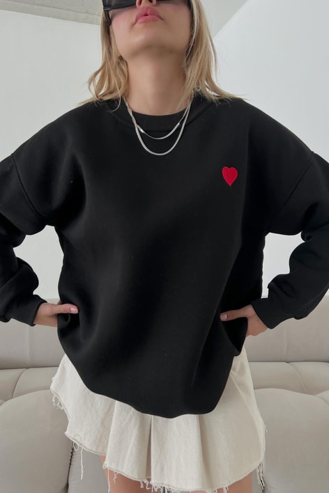 Mini Kalp Nakışlı Sweatshirt Siyah