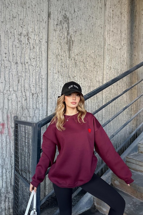 Mini Kalp Nakışlı Sweatshirt Bordo