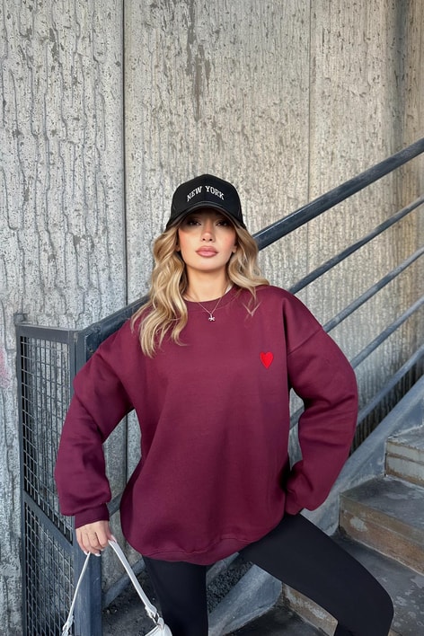 Mini Kalp Nakışlı Sweatshirt Bordo