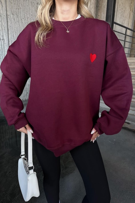 Mini Kalp Nakışlı Sweatshirt Bordo