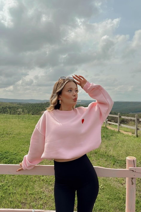 Mini Kalp Nakışlı Sweatshirt Pudra