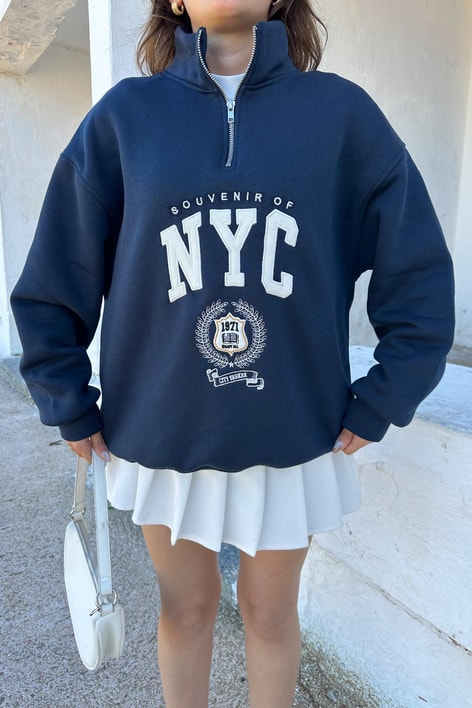 Nyc Nakışlı Fermuarlı Sweatshirt Lacivert