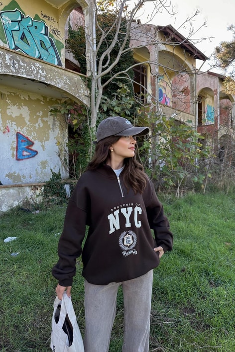 Nyc Nakışlı Fermuarlı Sweatshirt Kahve