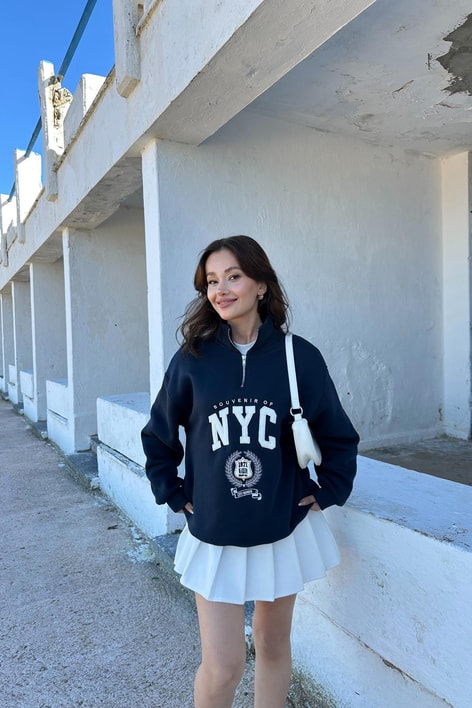 Nyc Nakışlı Fermuarlı Sweatshirt Lacivert