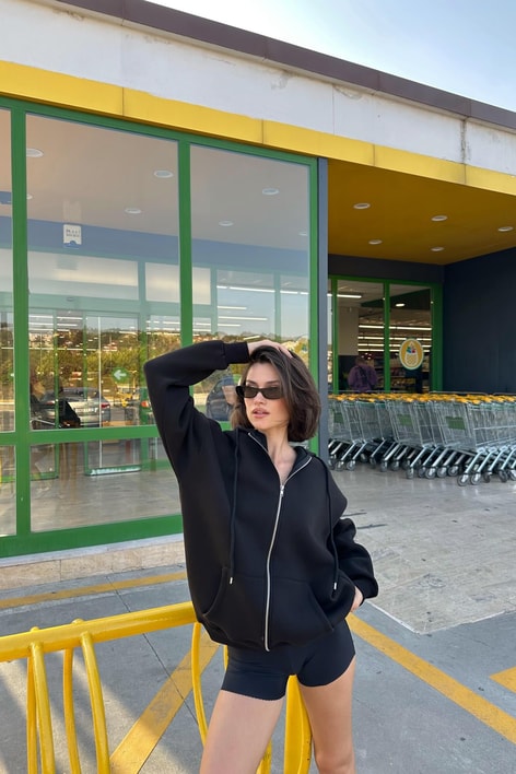 Oversize Şardonlu Sweatshirt Siyah