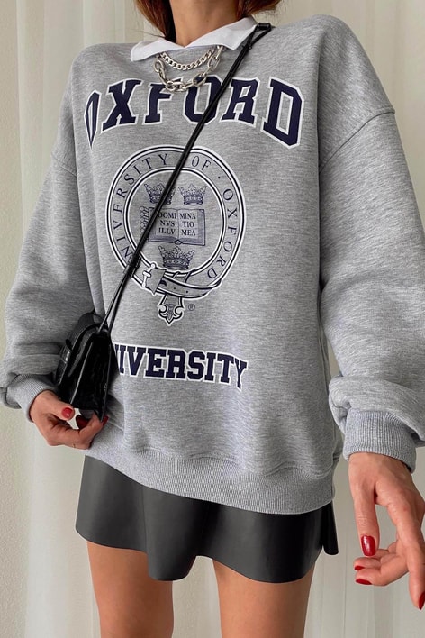 Oxford Baskılı Sweatshirt Gri