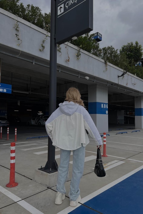 Parça Birleştirme Oversize Kapüşonlu Sweat Gri