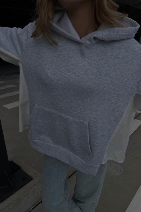 Parça Birleştirme Oversize Kapüşonlu Sweat Gri