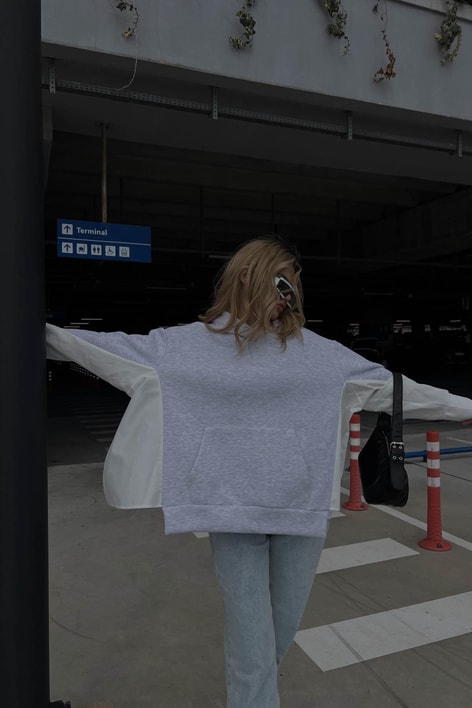 Parça Birleştirme Oversize Kapüşonlu Sweat Gri