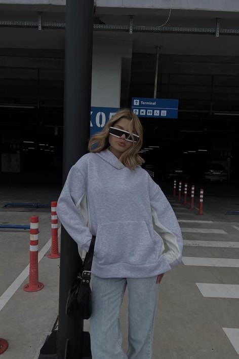 Parça Birleştirme Oversize Kapüşonlu Sweat Gri
