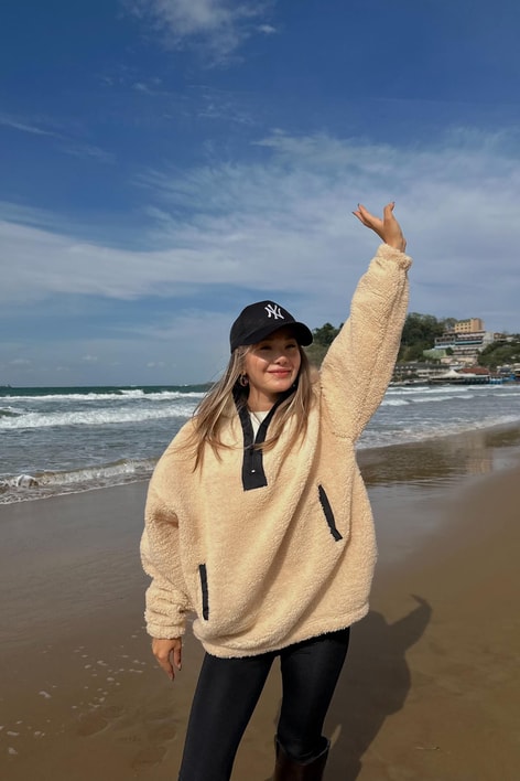Premium Yarım Fermuarlı Peluş Sweat Krem