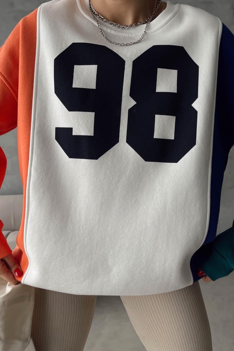 Renk Bloklu Baskılı Sweatshirt Beyaz