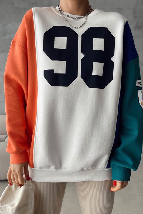 Renk Bloklu Baskılı Sweatshirt Beyaz