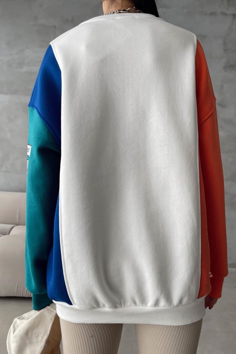 Renk Bloklu Baskılı Sweatshirt Beyaz