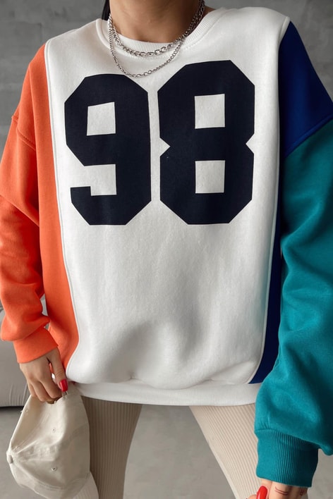 Renk Bloklu Baskılı Sweatshirt Beyaz