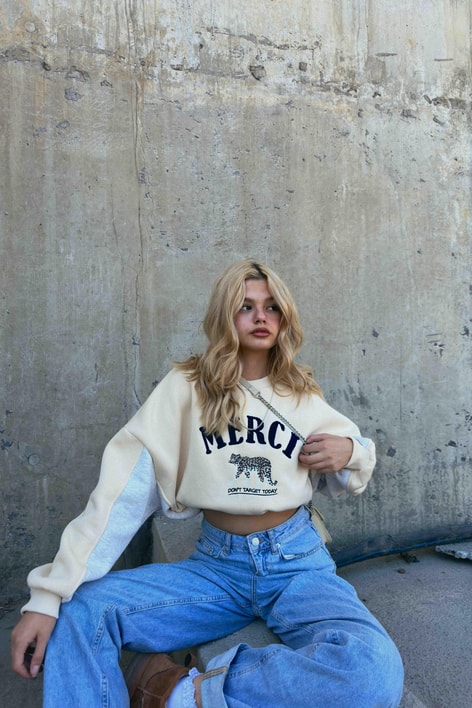 Renk Bloklu Mercı Sweatshirt Bej