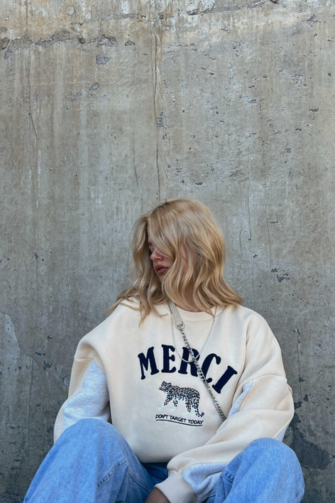 Renk Bloklu Mercı Sweatshirt Bej