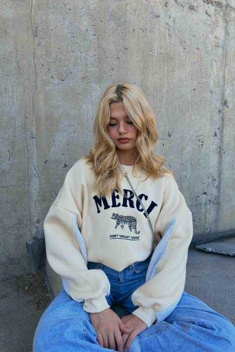 Renk Bloklu Mercı Sweatshirt Bej