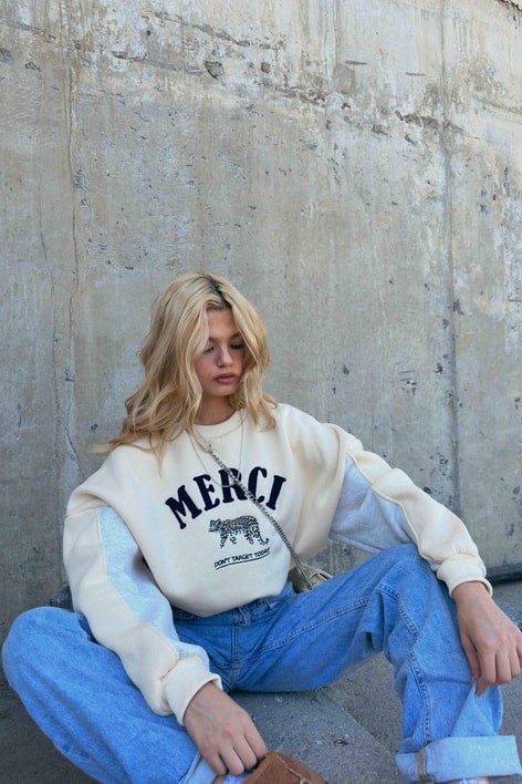 Renk Bloklu Mercı Sweatshirt Bej