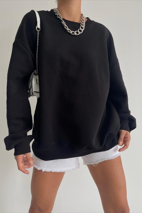 Ribana Detaylı Basic Sweatshirt Siyah