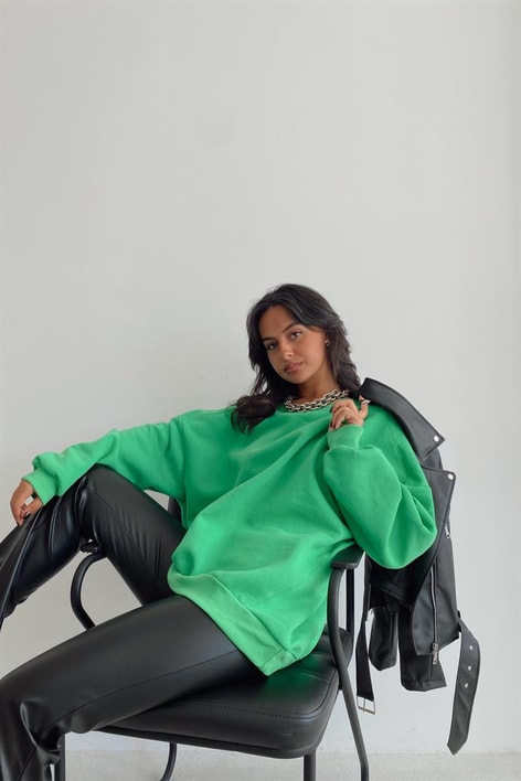 Ribanalı Bisiklet Yaka Basic Sweatshirt Yeşil