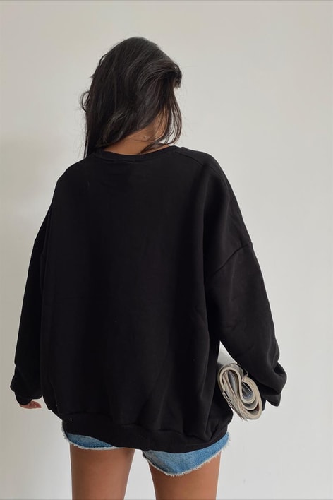 Ribanalı Bisiklet Yaka Basic Sweatshirt Siyah