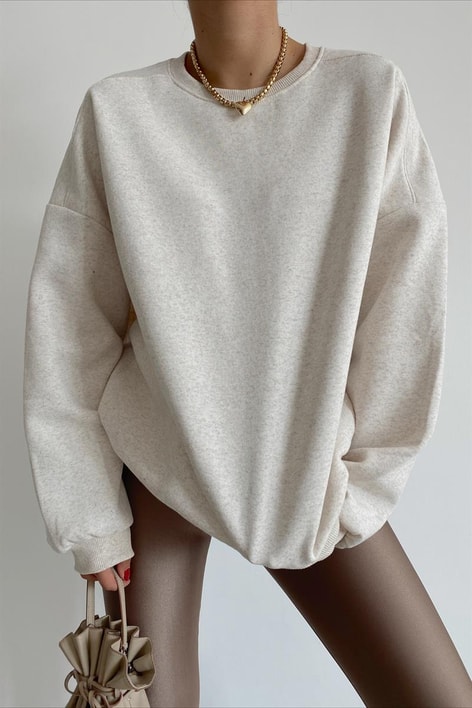 Ribanalı Bisiklet Yaka Basic Sweatshirt Bej