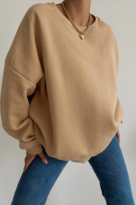 Ribanalı Bisiklet Yaka Basic Sweatshirt Camel