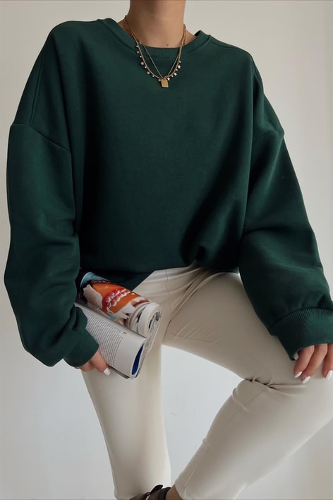 Ribanalı Bisiklet Yaka Basic Sweatshirt Zümrüt Yeşili